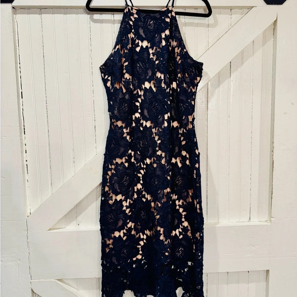Love Culture Navy Lace Midi Dress Nude Lining Scalloped Hem Size L - Picture 2 of 9